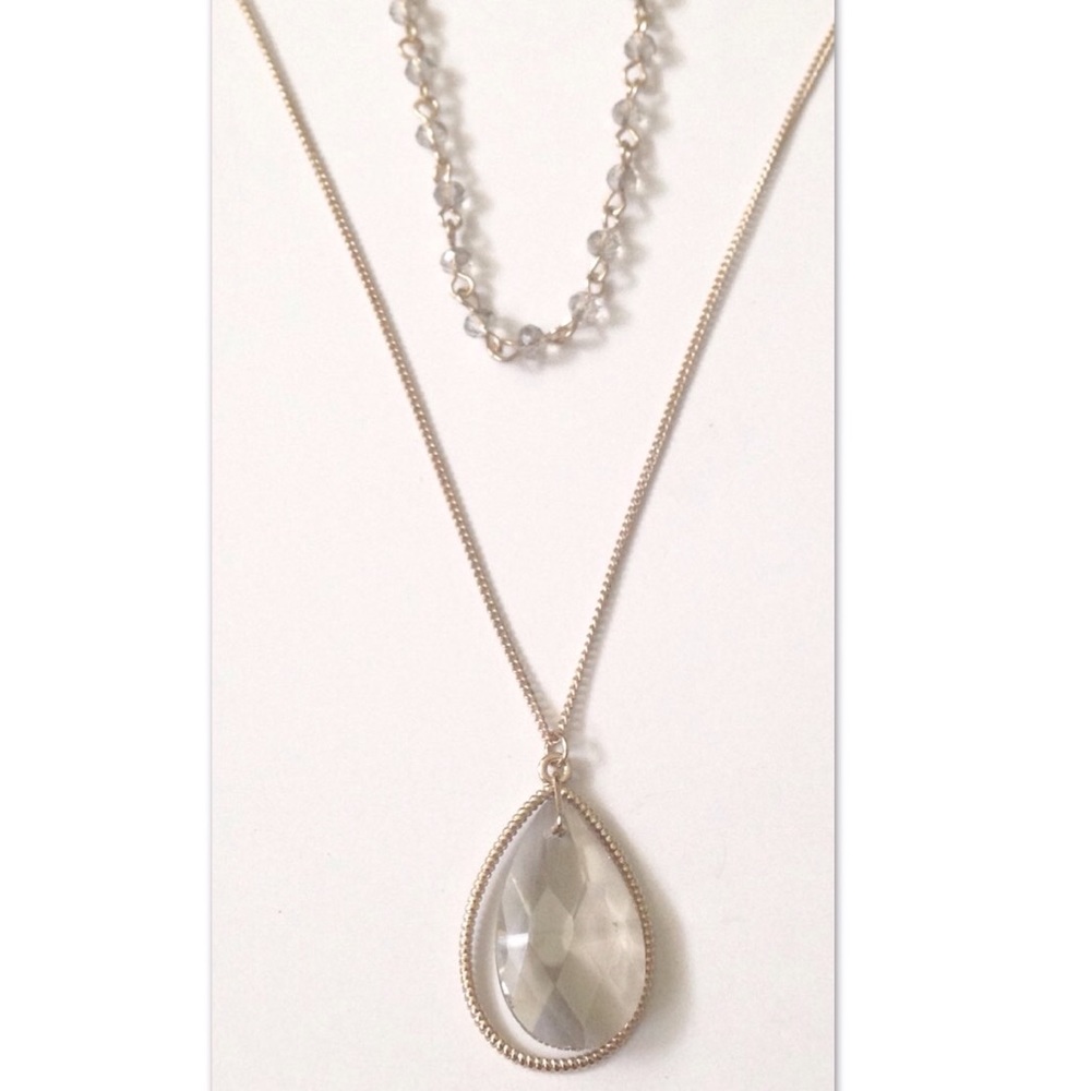 Gold tone light gray gem pendant drop necklace